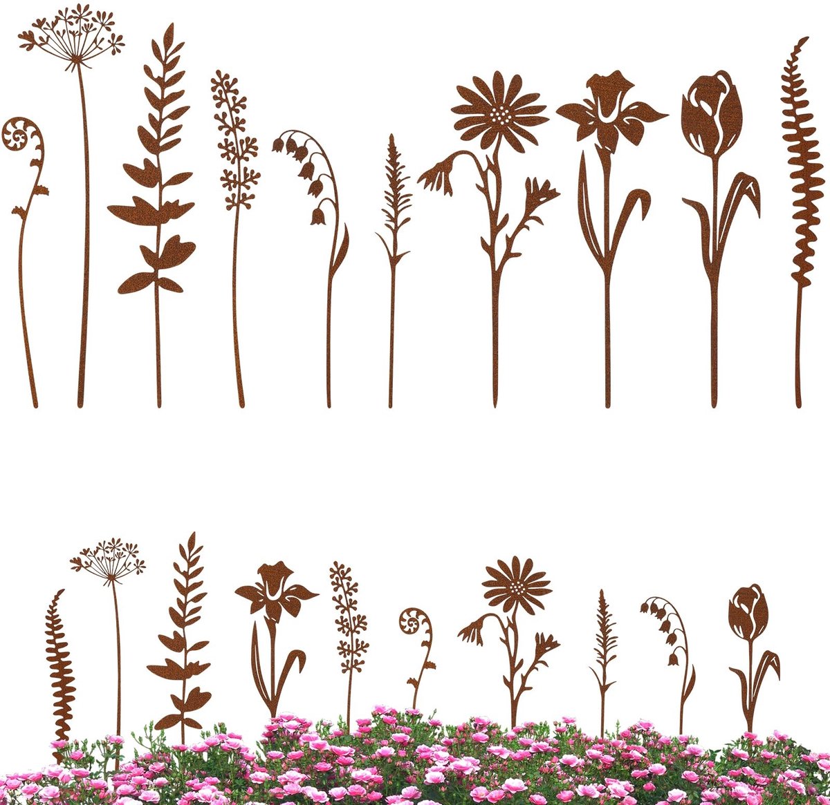 Rustieke Tuinstekers - Bloemenstekers Metaal - Tuin Decoratie - Roestlook Design - 10 Stuks - Metaal Grijs