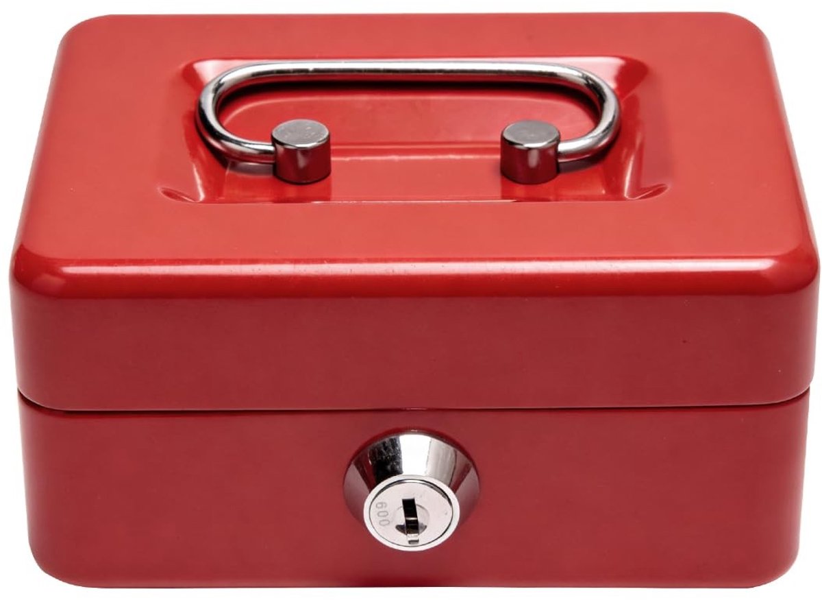 Dailygoods - Geldkistje, metaal, klein, rood met inzet voor munten, afsluitbaar met sleutel met handvat, geldbox, kassa met gleuf, drinkgeldkassa, spaarkassa, koffiekassa, 12,5 cm