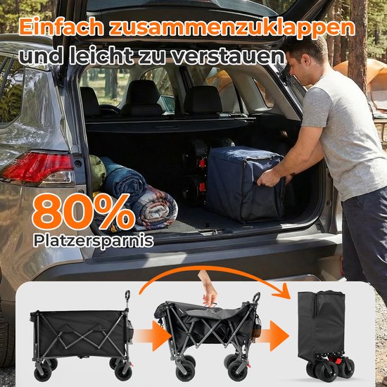 200L+100L Opvouwbare Bolderwagen & Achterklep, 140cm Opvouwbare Bolderwagen met Extra Breedte, 17x10 cm All-Terrain-wielen, Handwagen, Ideaal voor Tuin, Boodschappen, Strand en Buitengebruik (zwart) — afbeelding 3
