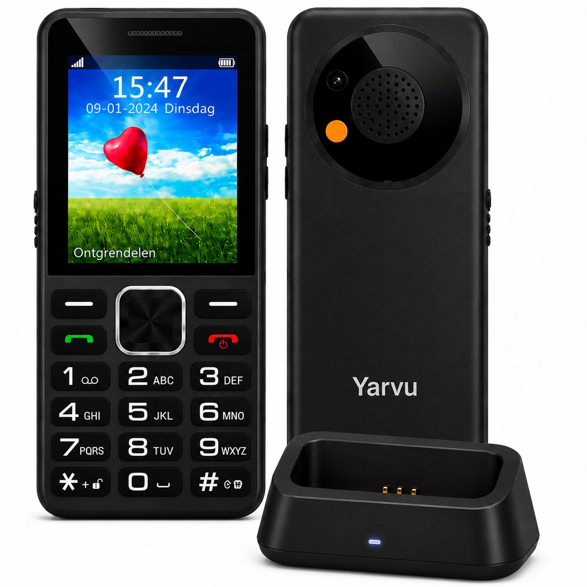 Yarvu ® - Uniwa 2 - Senioren Telefoon - 4G - Met Oplaadstation - Dual Sim - SOS Functie - Design Mobiele GSM - Mobiel - Nederlandstalig Menu - Zwart
