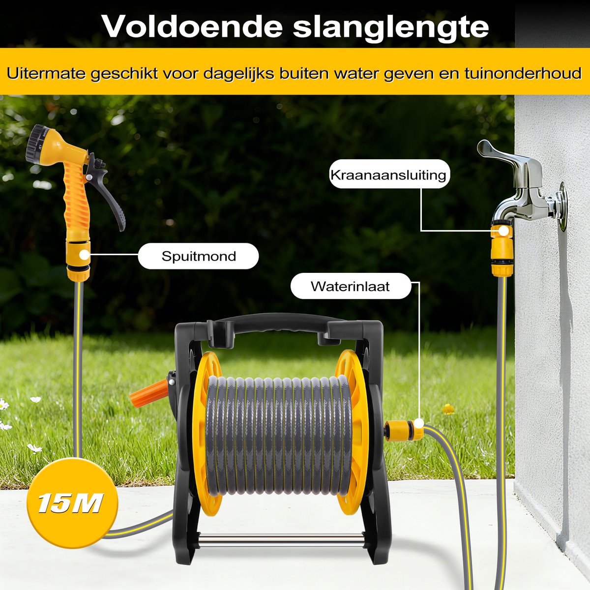 15M Tuinslang met slanghaspel draagbaar - Multifunctionele tuinspuit met verschillende straalstanden - Ruimtebesparende waterslangrol voor tuin besproeien, auto en terras reinigen – foto 3