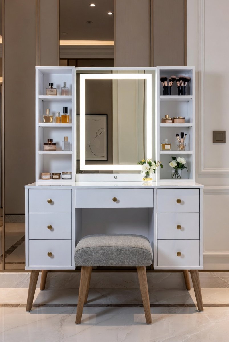 Luxe Kaptafel met LED Spiegel - Inclusief Kruk - Laden - 60x40x139 cm - Wit - LED Spiegel & 3 Lichtmodi - Medahomestore