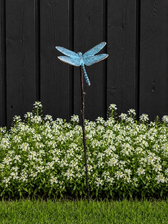 Beeld brons - Tuinbeeld - Kleine libelle op stok - 60 cm hoog - Bronzartes