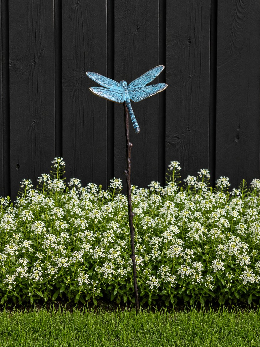 Beeld brons - Tuinbeeld - Kleine libelle op stok - 60 cm hoog - Bronzartes