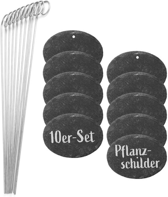 Hoberg Leisteen Plant Labels - Set van 10 - Weerbestendig, Herbruikbaar - Individuele etikettering van planten, kruiden & bloemen - Met stalen grondpinnen - Afmetingen 9 x 7 x 0,5 cm - Ovaal