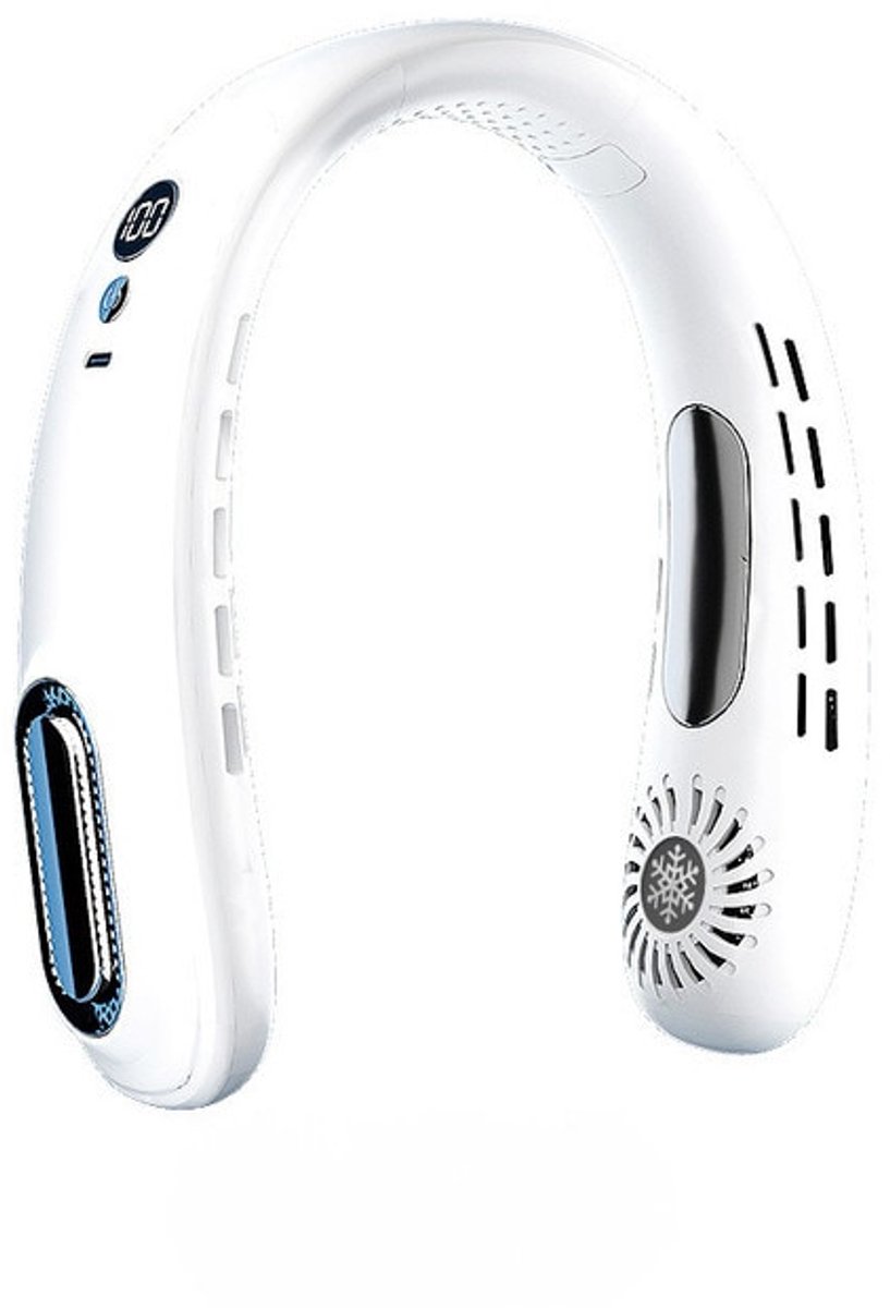 Draagbare ventilator zonder bladen, oplaadbaar via USB, 5 instelbare snelheden, wit.