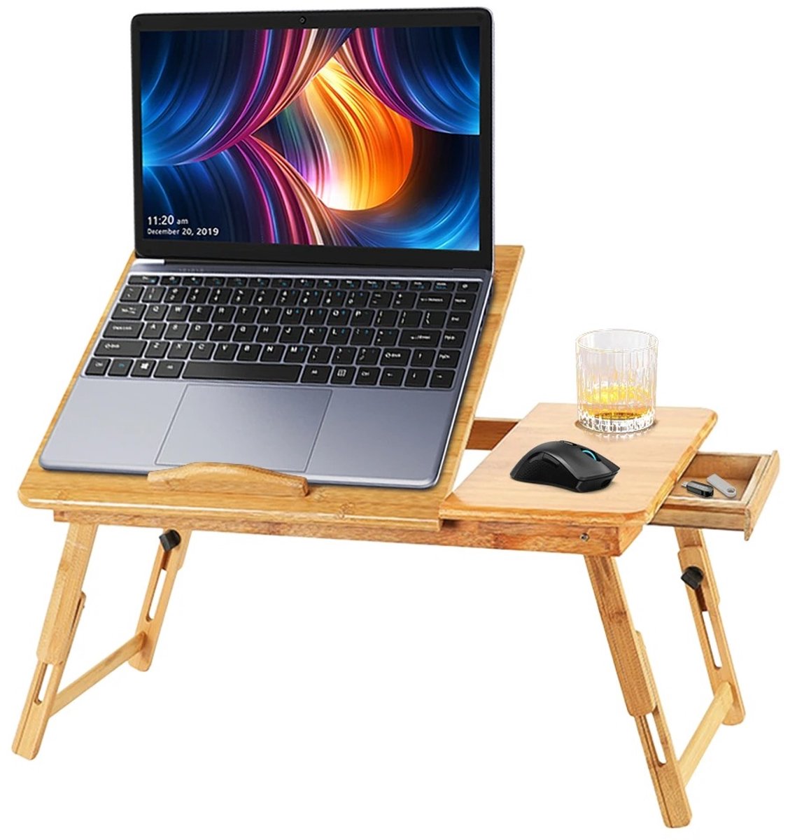 M-Goods Laptoptafel Bamboe - Verstelbare Bedtafel - Opvouwbare Laptop Stand - Bijzettafel met Lade en Kantelbaar Blad