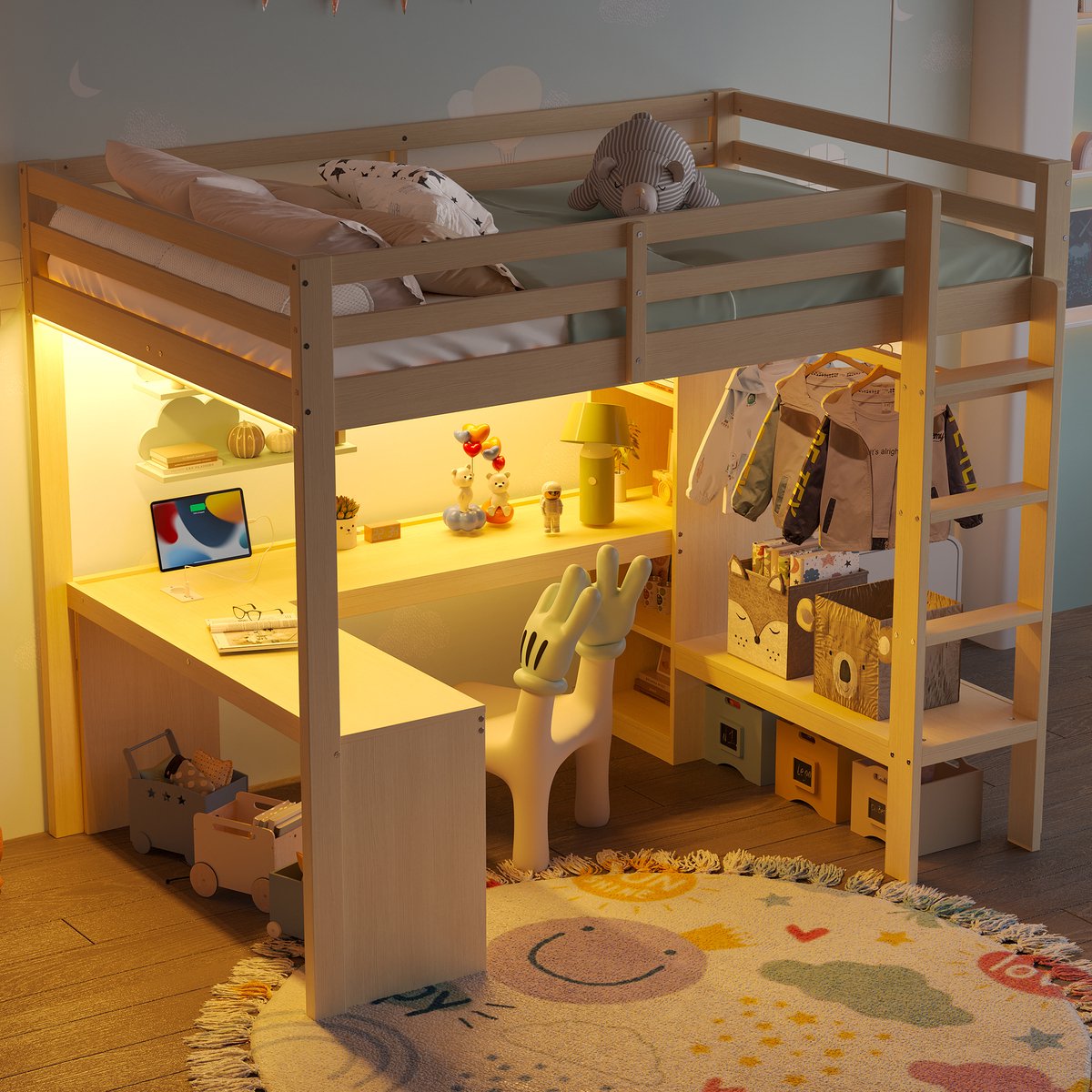 Hoogslaper Met Bureau, Hoogslaper 140x200 Met Multifunctionele Planken, Hoogslaper Met Opbergruimte, Bureau Onder Het Bed, Ledverlichting En USB-Aansluiting, Tienerhoogslaper - Kinderhoogslaper-Natuurlijk