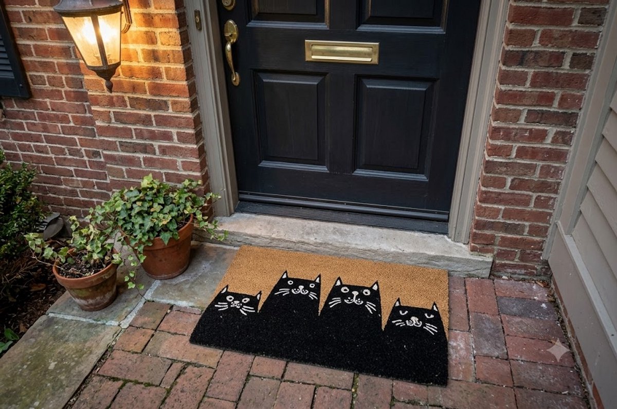 Maison Elara Handgeschilderde kokosdeurmat met antislip rug - 70 x 40 cm - Katten ontwerp - Zwart