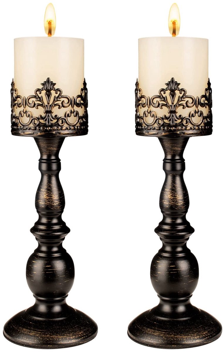 Solidchoice - Hoge Vintage Kaarsenhouders Set van 2 - Matte Zwart Decoratief