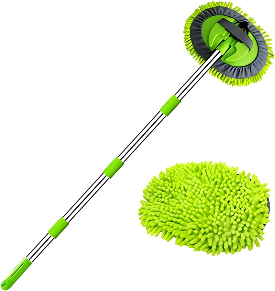 QUOVO® 2-in-1 Autowasborstel Telescopisch - Wasborstel Met Telescopische steel - 180° Rotatie – Telescoop Wasborstel Met Zachte Borstel Haren – Wandhandschoen - Uitschuifbare Wasborstel Auto – Was Borstel - Groen - 44cm x 17cm x 8cm