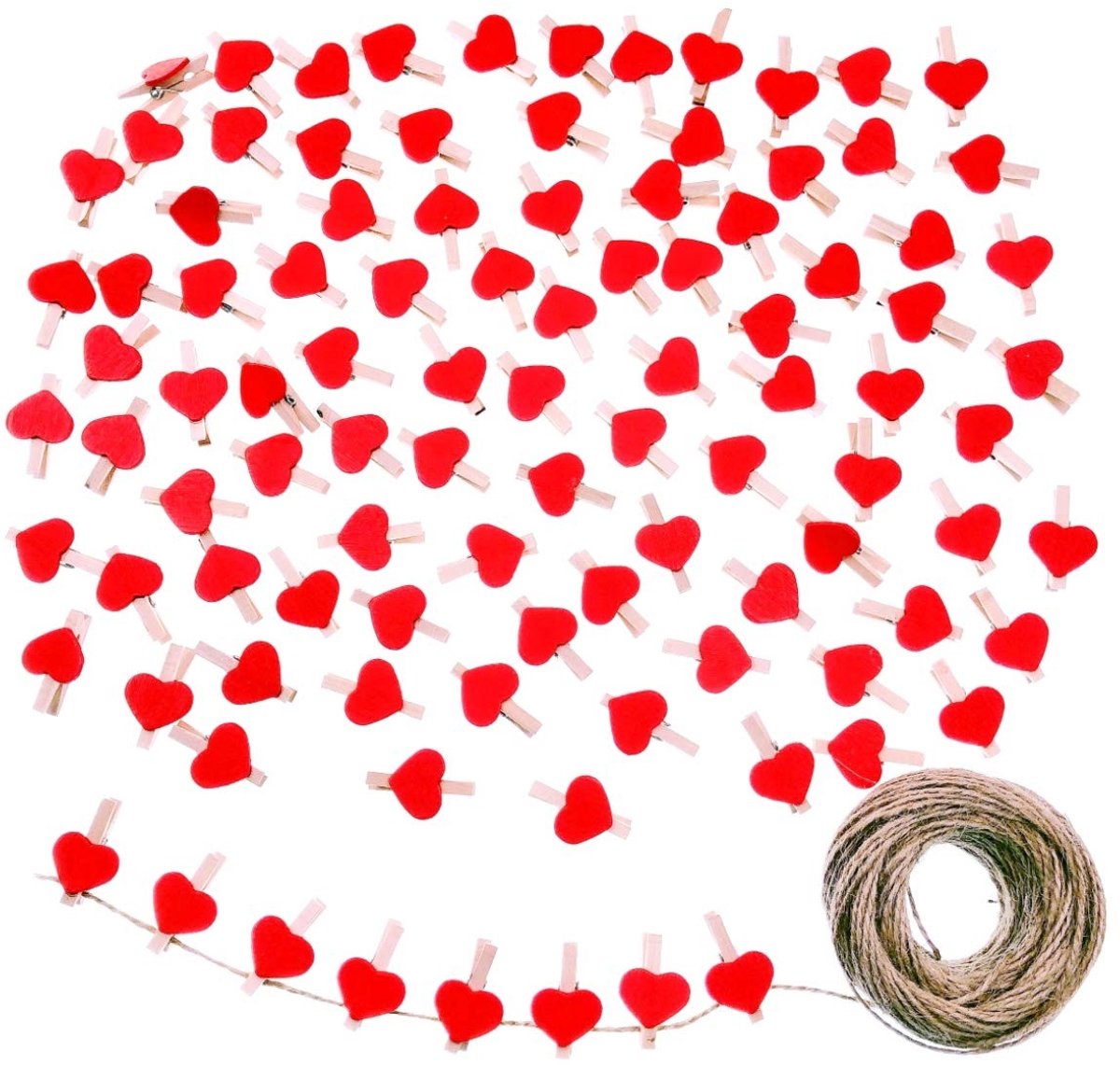 Solidchoice - 100 Stuks Rode Hartvormige Mini Klemmen met Jute Touw
