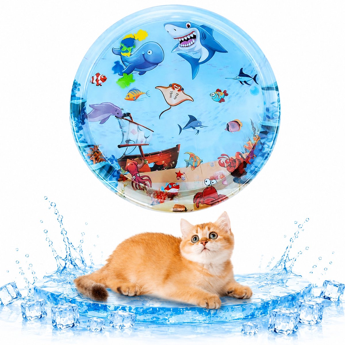 Kattenwatermat 65 cm - Opblaasbare Koelmat Met Water Sensor En Vis Motief - Interactieve Water Speelmat en Koelmat Voor Katten en Kleine Honden - Watersensor mat voor katten en honden - Zomerkoelmat Voor Huisdieren
