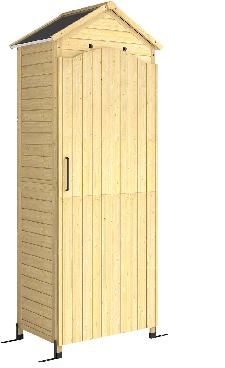85x58x213 cm Houten Tuinschuur, Hoge Opbergkast voor Tuingereedschap met Verstelbare Planken, Magnetische Deur, Ventilatie en Verzinkt Dak, Buitenberging voor Gereedschap, Natuurlijke Houtkleur