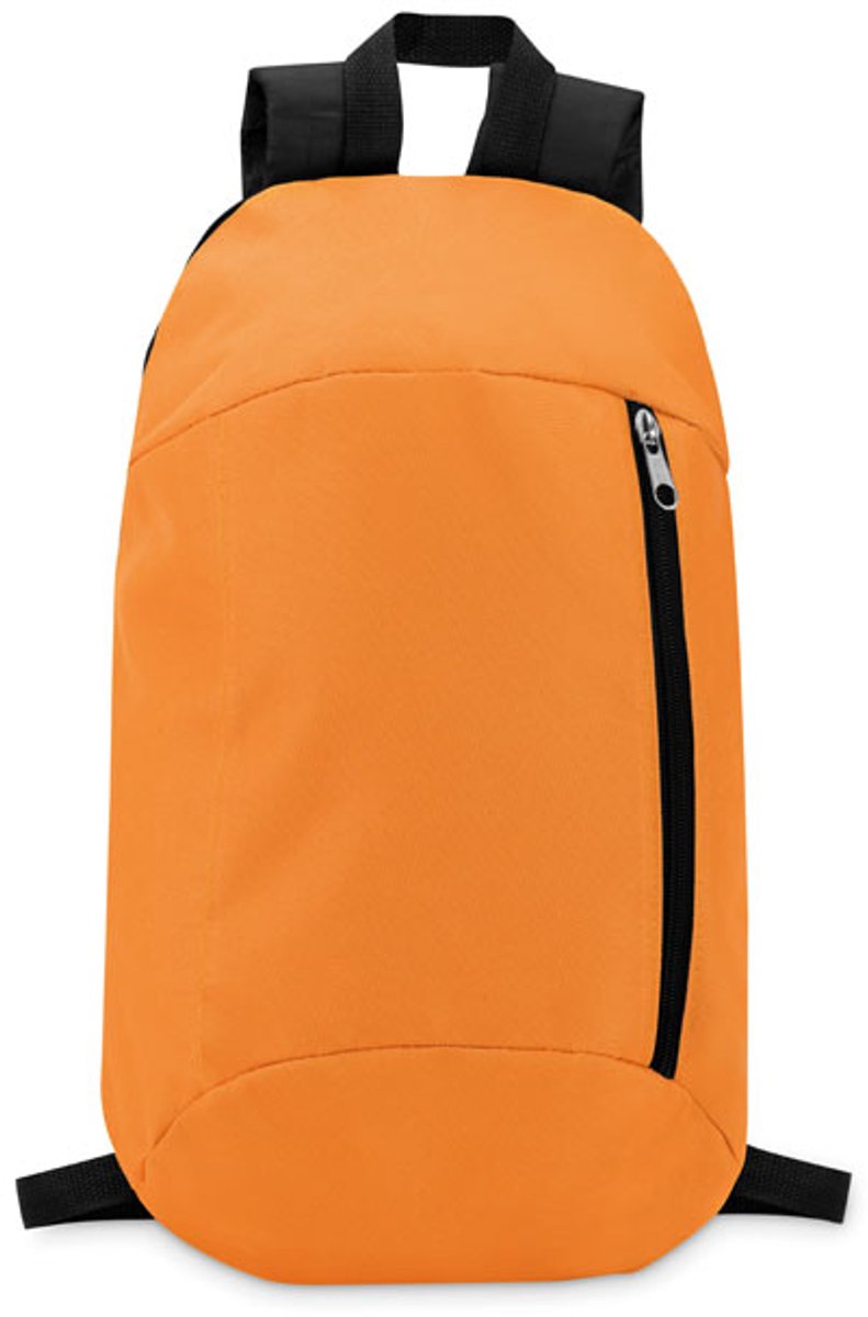 Rugzak van 600D polyester met voorvak met rits, verstelbare draagbanden en draaglus aan de bovenzijde. Achterzijde is gewatteerd en uitgevoerd in 210D polyester. Oranje