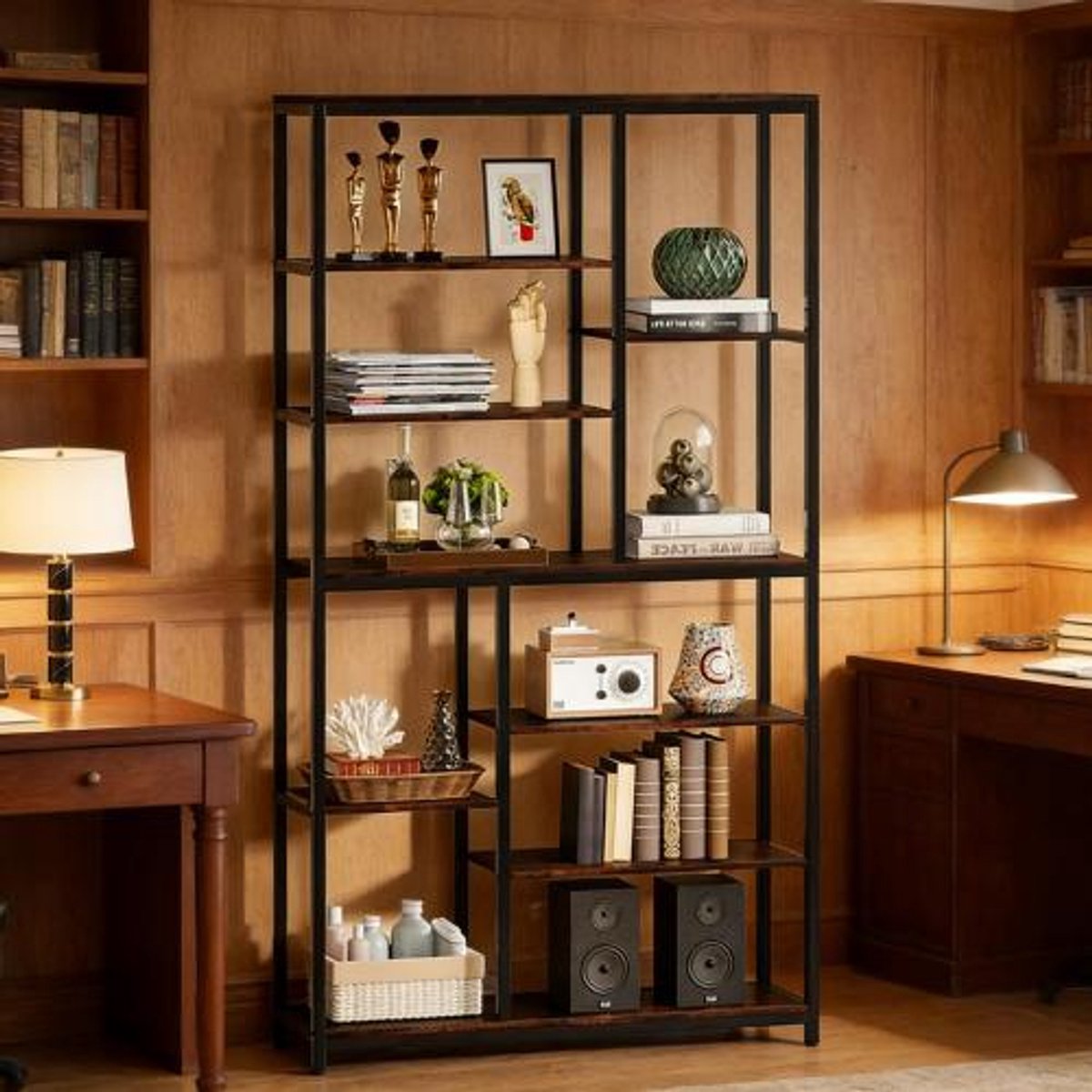 REDOM - Boekenkast - Open kast met meerdere niveaus - Industrieel - Metaal en spaanplaat - Zwart en Rustiek bruin - 100 x 30 x 200 cm