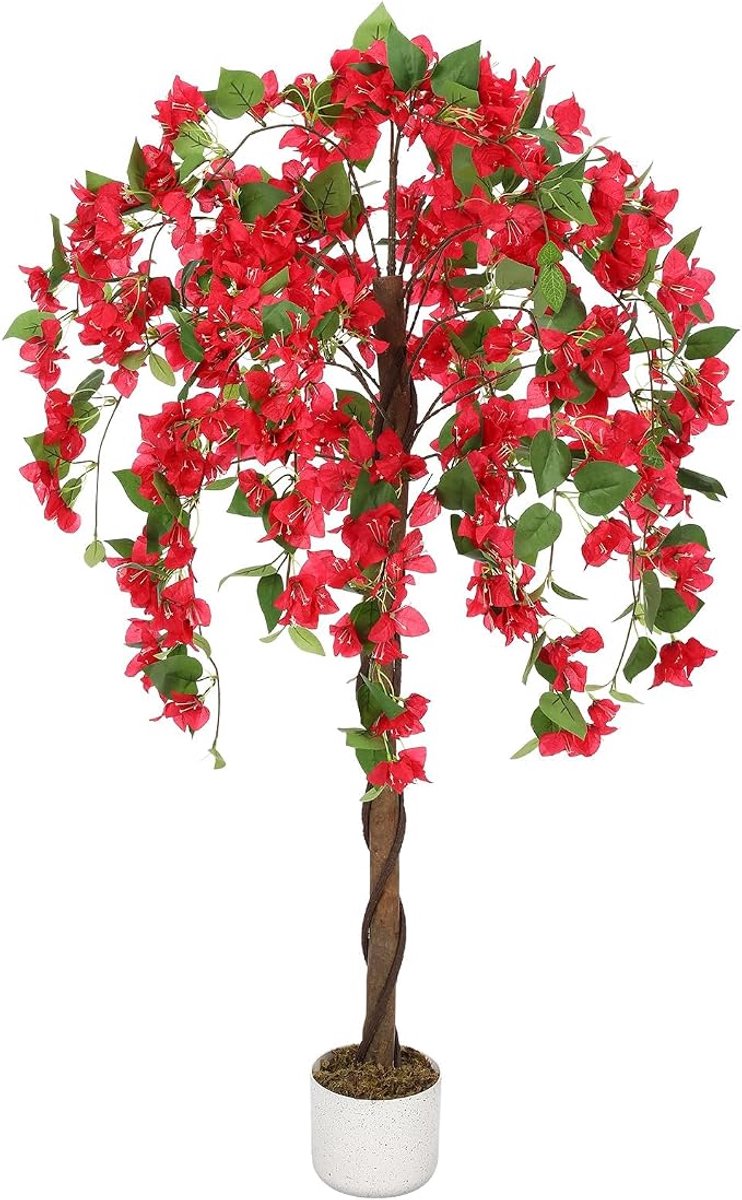 HOERFURIY - kunstbuganvilla, enkel stuk 120cm roode natuurlijke houtsteel, real-touch polyester met 168 bloemen en 252 bladeren inclusief zwarte pot