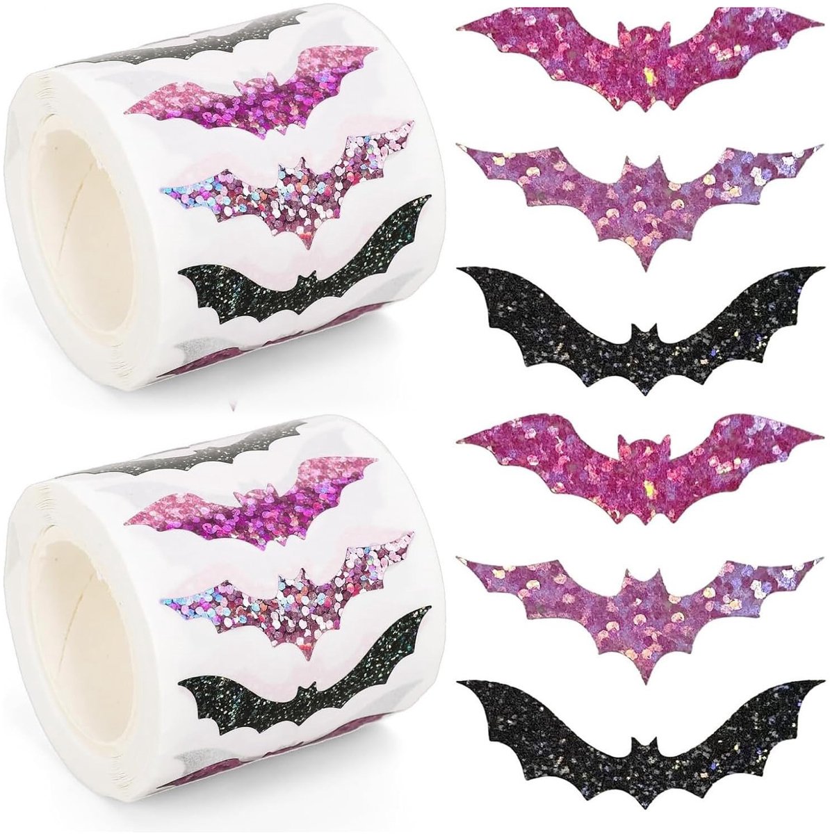 1000 Stuks Halloween Stickers Vleermuizen - 2 Rollen - Glitter PVC Zelfklevende Halloween Stickers voor Decoratie, Cadeauverpakking, Kaarten en Feestartikelen