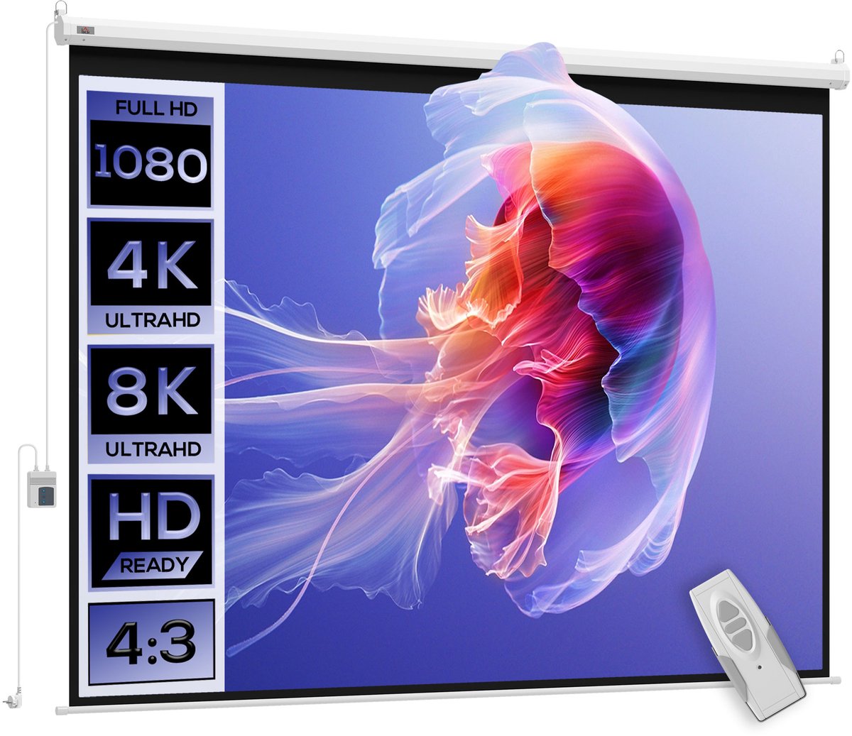 Beamerscherm 171 x 130 cm - 84 inch - 4:3 - HD 4K projectiescherm - elektrische motor scherm met afstandsbediening - wit