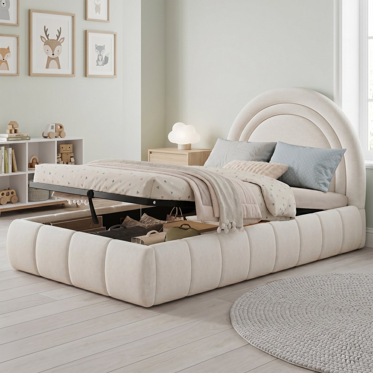 VVBV Kinderbed 90x200 cm - Hydraulische Opbergruimte, Afgeronde Hoeken, Gestoffeerd Hoofdbord, Met Lattenbodem - Beige