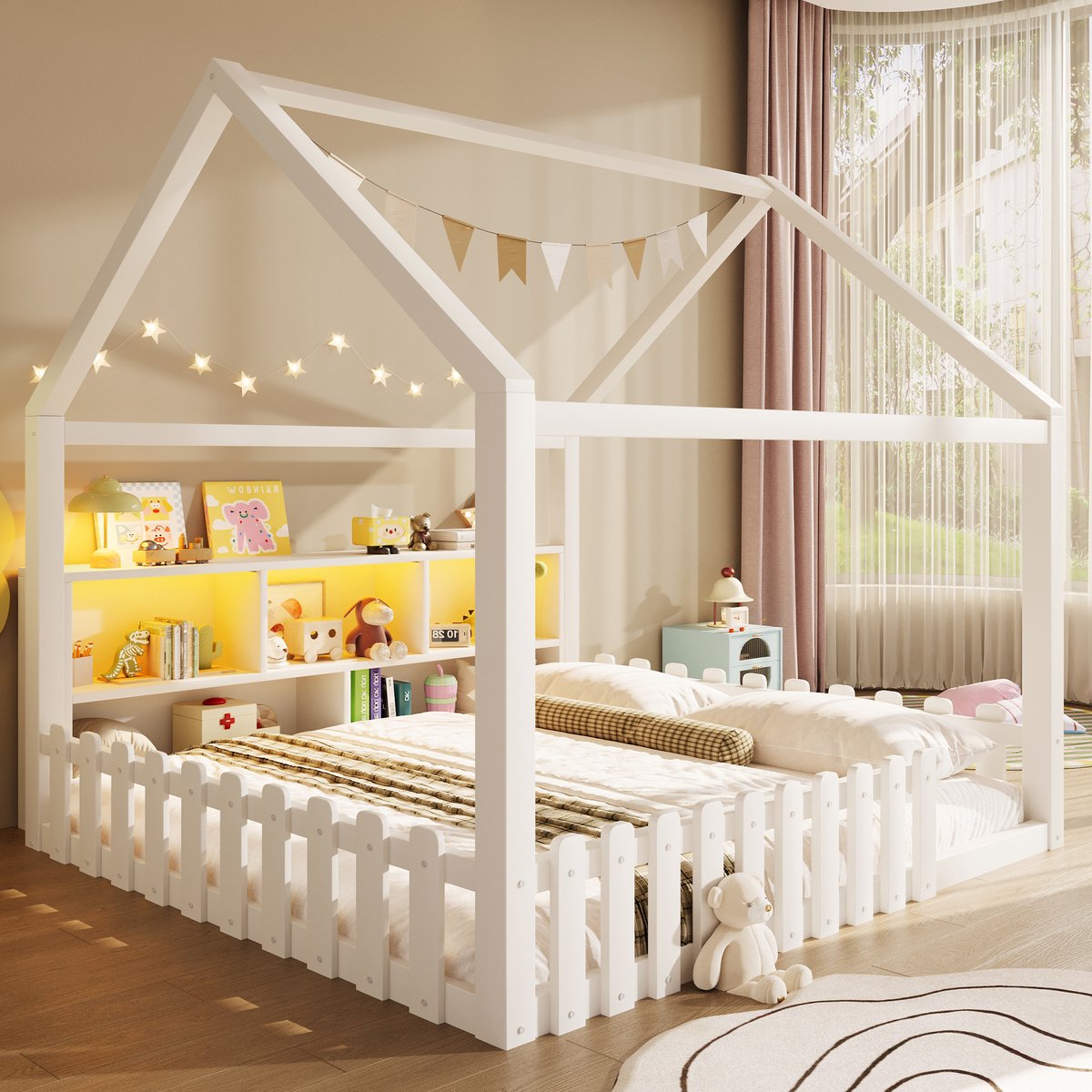 VVBV Kinderbed 140x190 cm - Uitvalbeveiliging, Opbergruimte, LED-Verlichting, Met Lattenbodem - Wit, Grenenhout