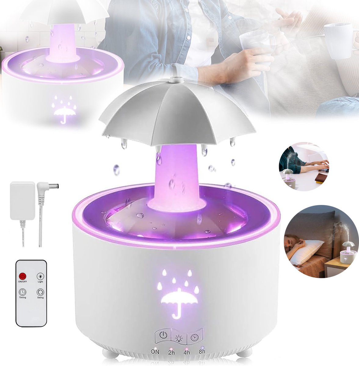 Luchtbevochtiger Voor De Slaapkamer, Aromatherapie Diffuser, Luchtbevochtiger Met 7 Roterende Kleuren, Paraplu-Effect, Afstandsbediening en Timer, Automatische Uitschakeling