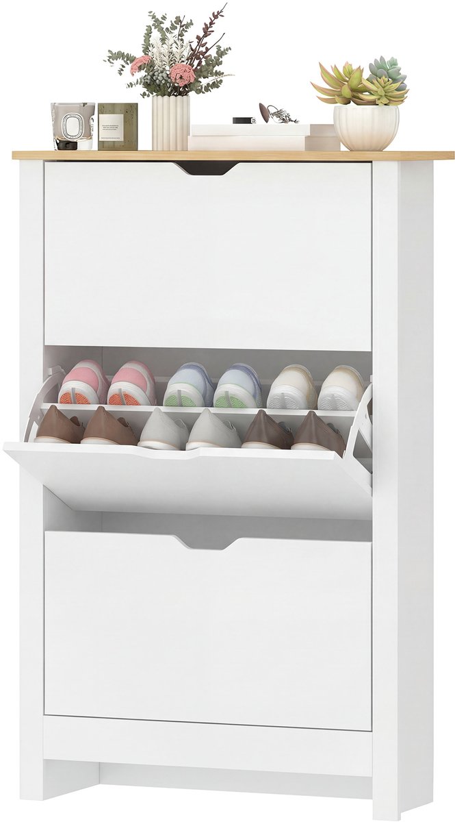 Ruimtebesparende schoenenkast - slim schoenenrek met 3 klapdeuren en dubbele diepte - afmetingen 72 x 26 x 112 cm - wit eiken