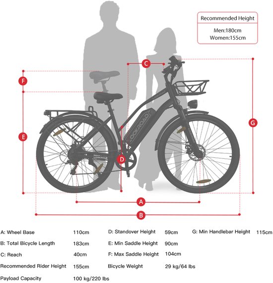 Lookroad Elektrische Fiets - 28 Inch E-Bike - 36V 18Ah Accu (Actieradius tot 120 km) - Met Voorvorkvering & Mechanische Schijfremmen - Stadsfiets Heren/Dames — afbeelding 3