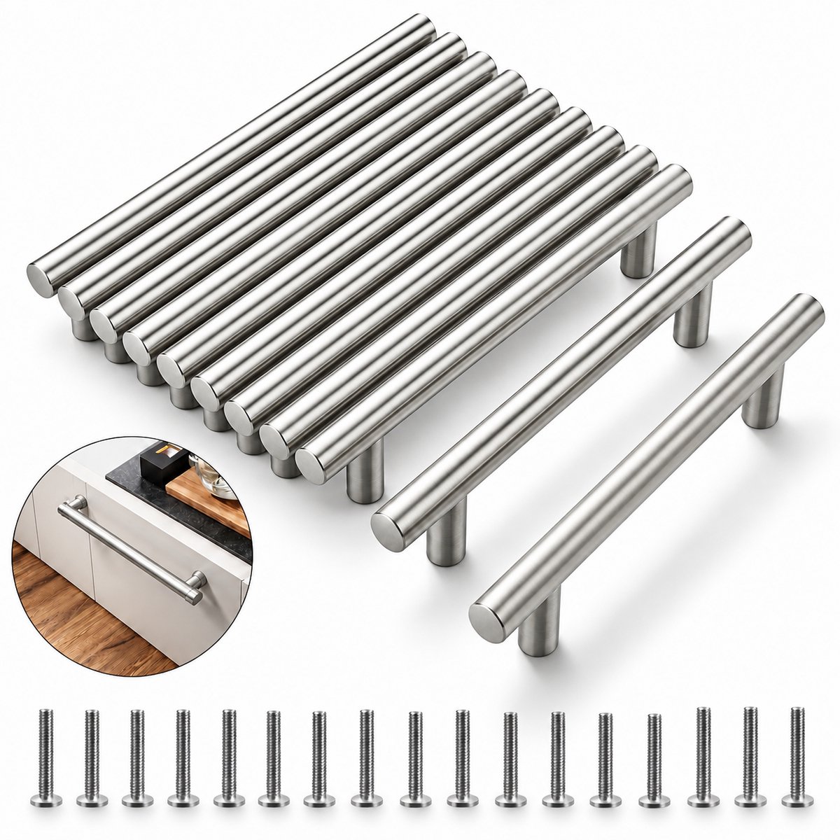 BOTC Handgrepen RVS - Handgreep - 10-delige set - 127 mm - Inclusief 20 schroeven - Roestvrij staal - Zilver