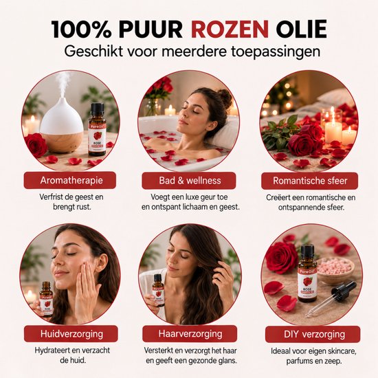 Zes afbeeldingen tonen toepassingen van PureOil Roos etherische olie: aromatherapie, bad, romantische sfeer, huidverzorging, haarverzorging, DIY.