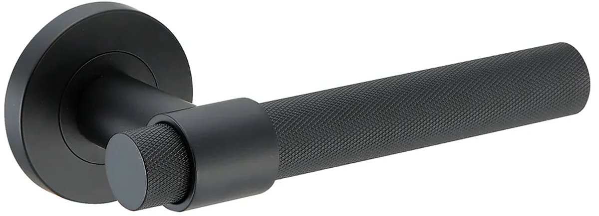 Deurkruk (2x) Ambra rond massief geribbelde diamant greep 20mm met een schroefrozet mat zwart PVD gecoat | Zwarte raamsluitingen | Zwarte | Zwarte |