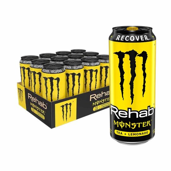 Doos met 12 blikken Monster Rehab Tea + Lemonade. Één blik staat ernaast.