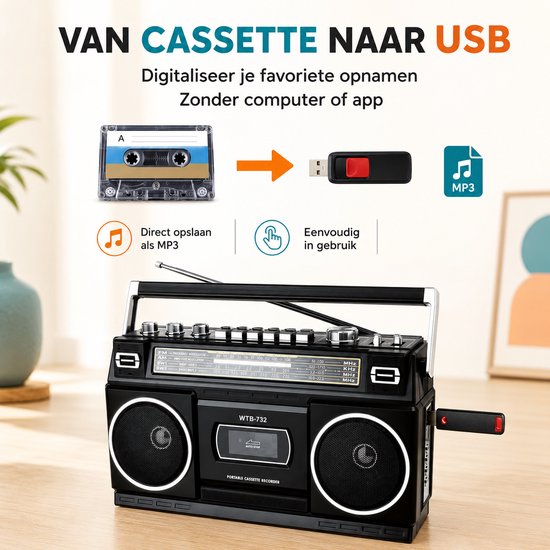 Retro Boombox met Cassette en Radio – Bluetooth Streaming – 24W Dual Fullrange Speaker — afbeelding 2