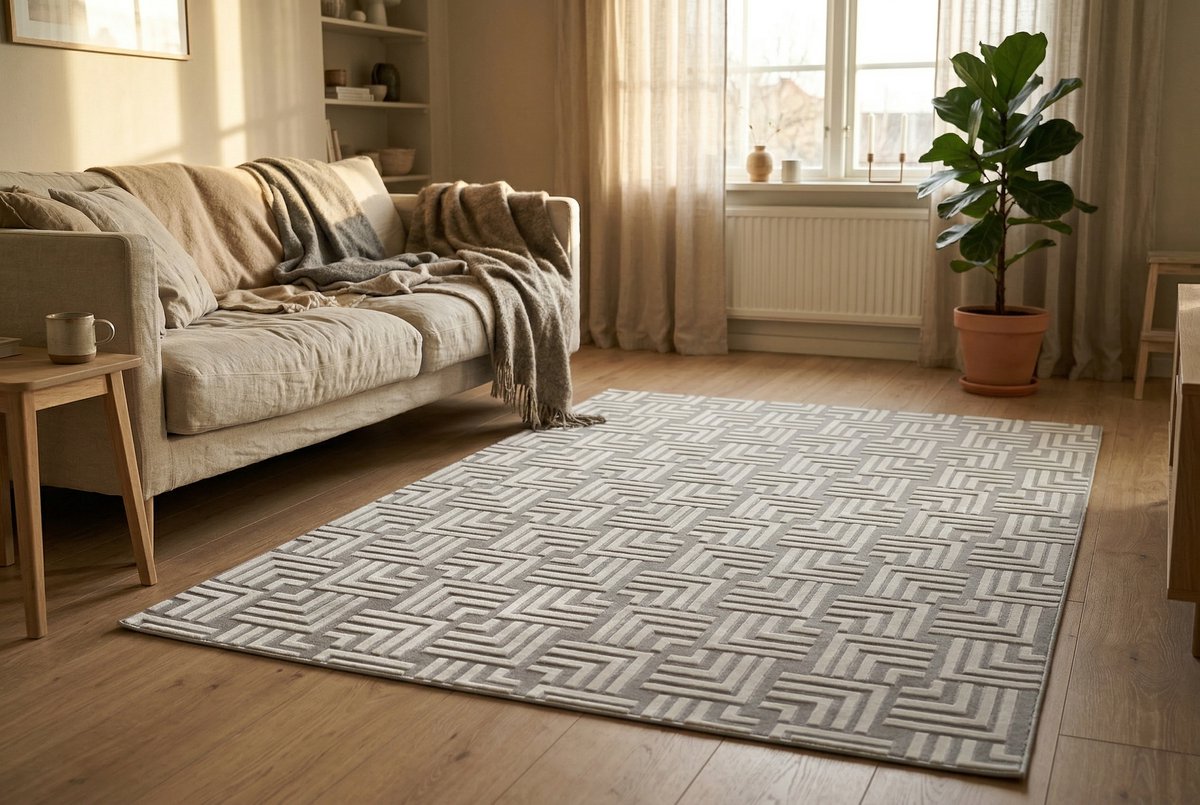 Padiro laagpolig vloerkleed 120 x 160 cm - zilver - modern geometrisch patroon - geschikt voor vloerverwarming - van polyester