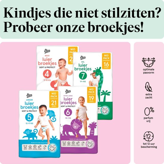 Verschillende verpakkingen Etos luiers met maten 4, 6, 7 en 21 stuks. Bedrukking met een giraf, olifant en leeuw.