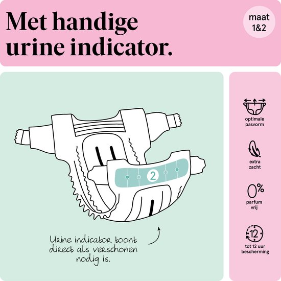 Illustratie van een luier met urine-indicator aan de voorkant. Text: Met handige urine indicator.