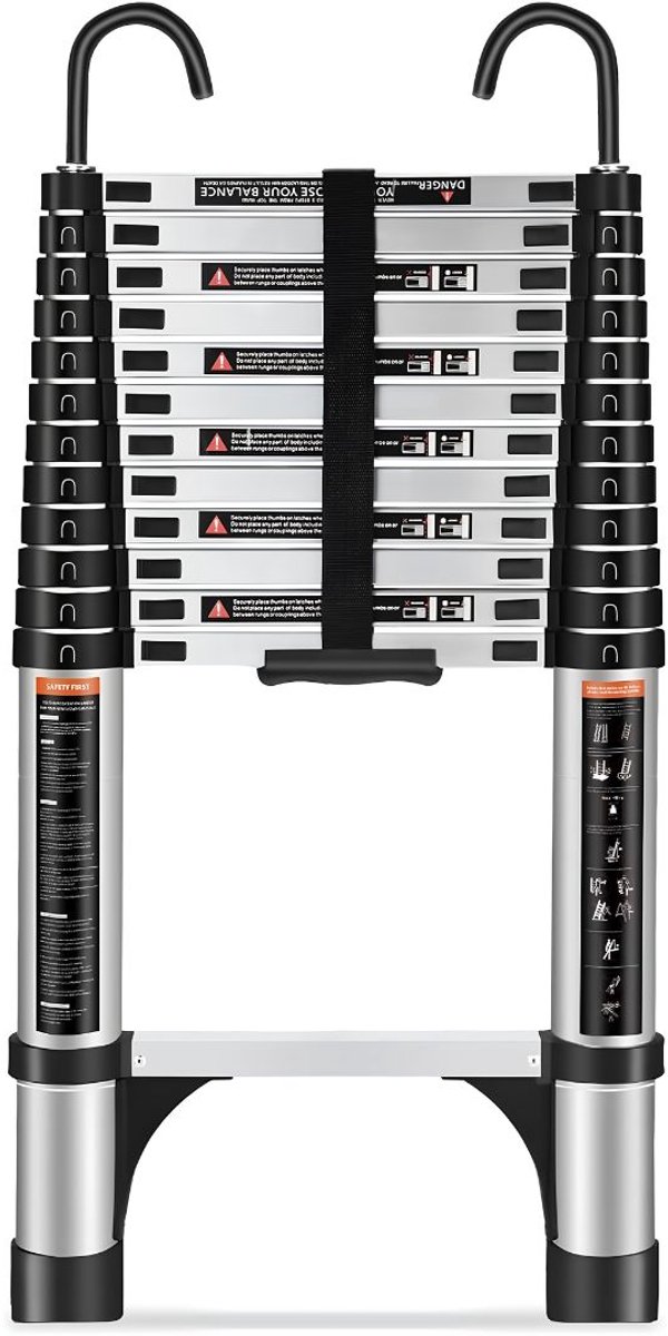 NIVA® Telescoopladder - Lichtgewicht Uitschuifladder - 150kg Laadvermogen - Opvouwbare Ladder voor Zolders - Zwart - 79cm x 48cm x 9cm