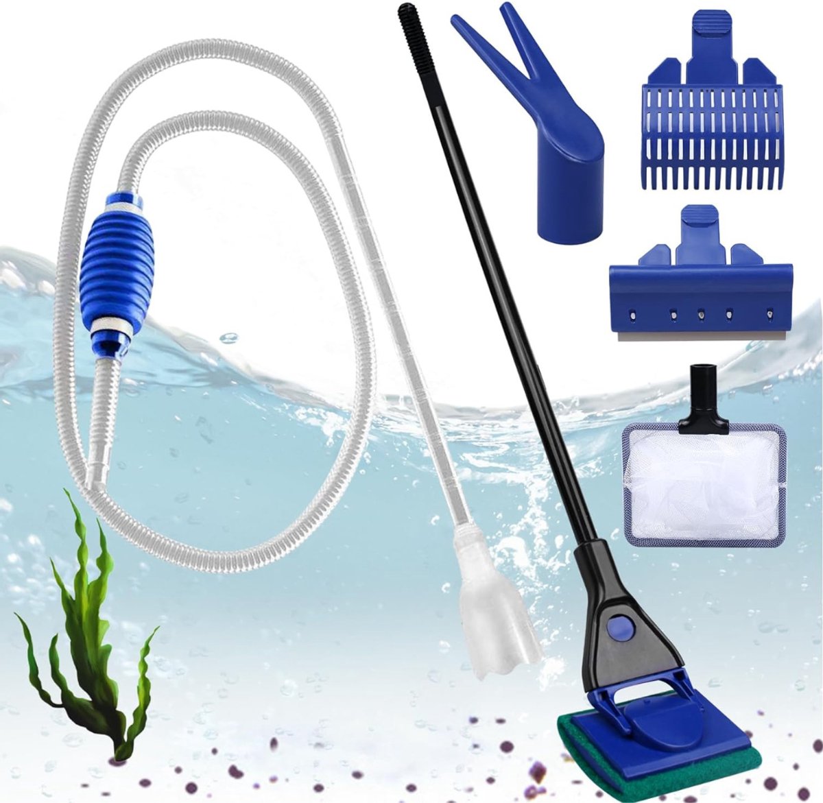 QUOVO® 5-in-1 Aquarium Stofzuiger – Bodemreiniger Met 5 Reinigingsaccessoires - Gravel Cleaner – Bodemzuiger - Aquariumstofzuiger - Aquarium Schoonmaakset - Aquarium Reiniging En Schoonmaken - Blauw - 46cm x 23cm x 10cm