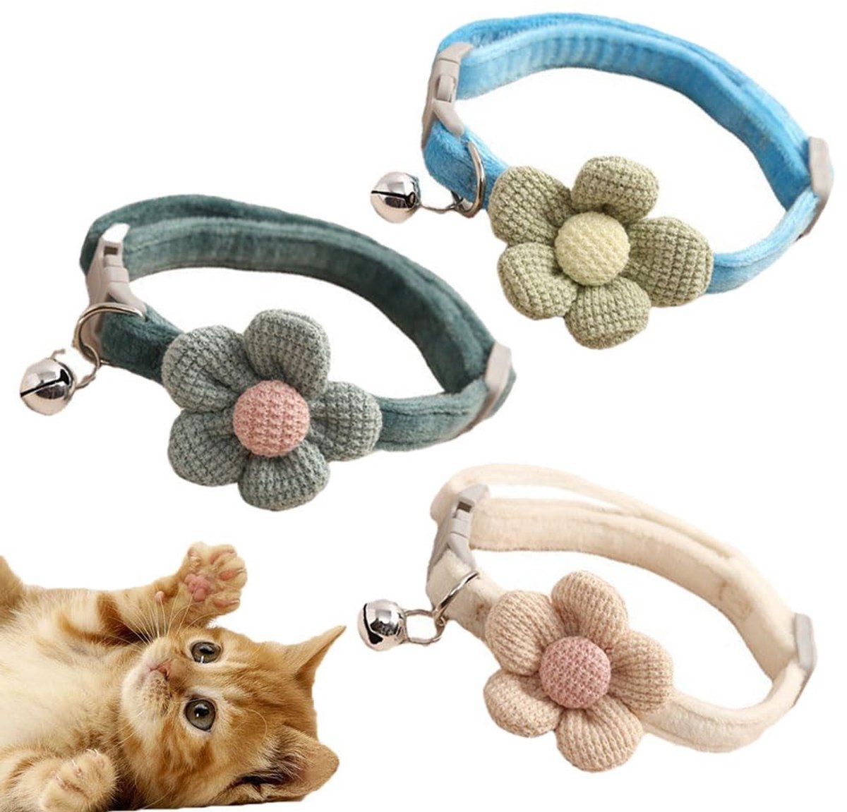 Solidchoice - Set van 3 Verstelbare Kattenhalsbanden met Klokje en Strik
