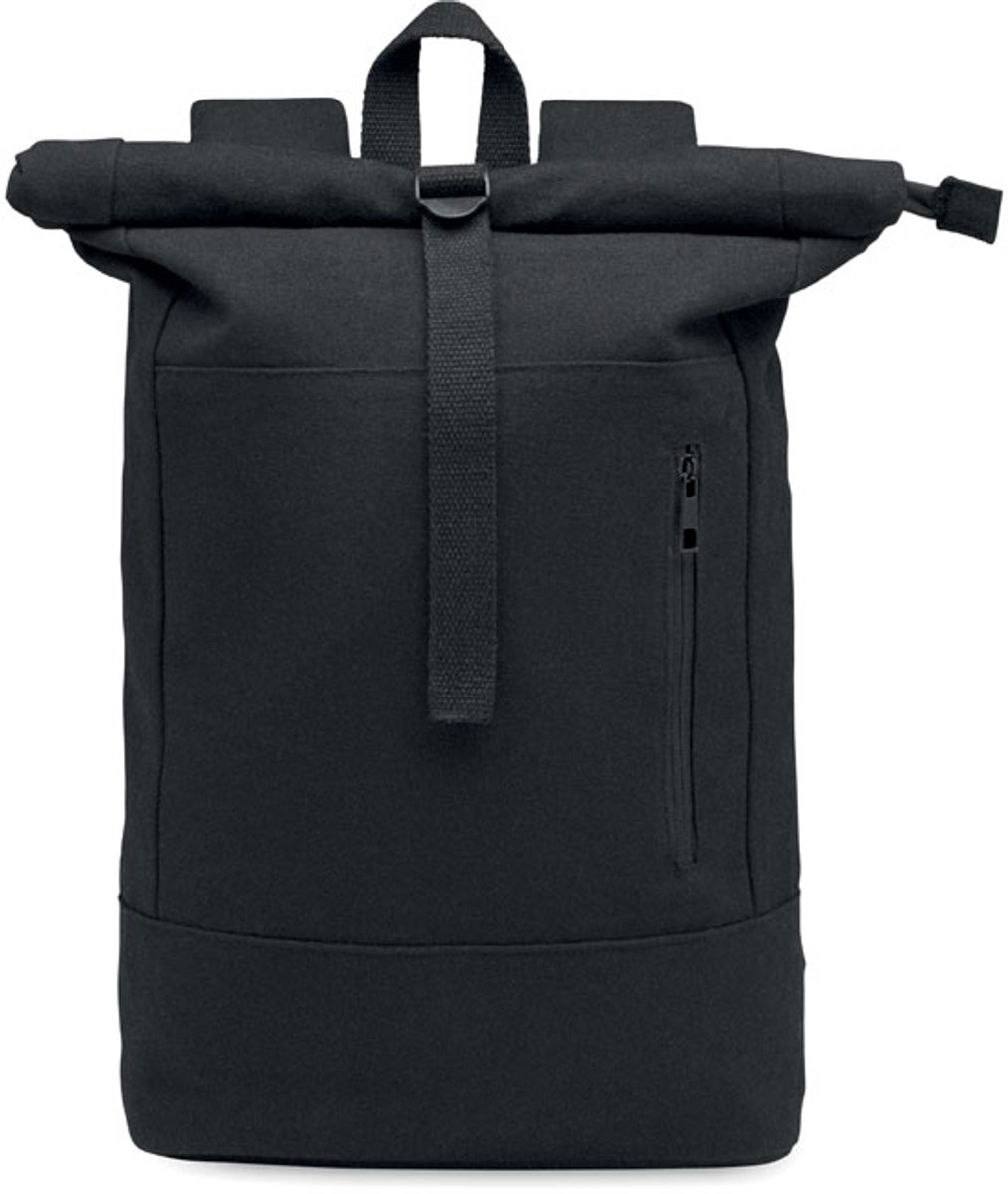 Rolltop 15 inch laptoprugzak met rits van gerecycled pre-consumer katoen en gerecycled polyester (70%/30%).