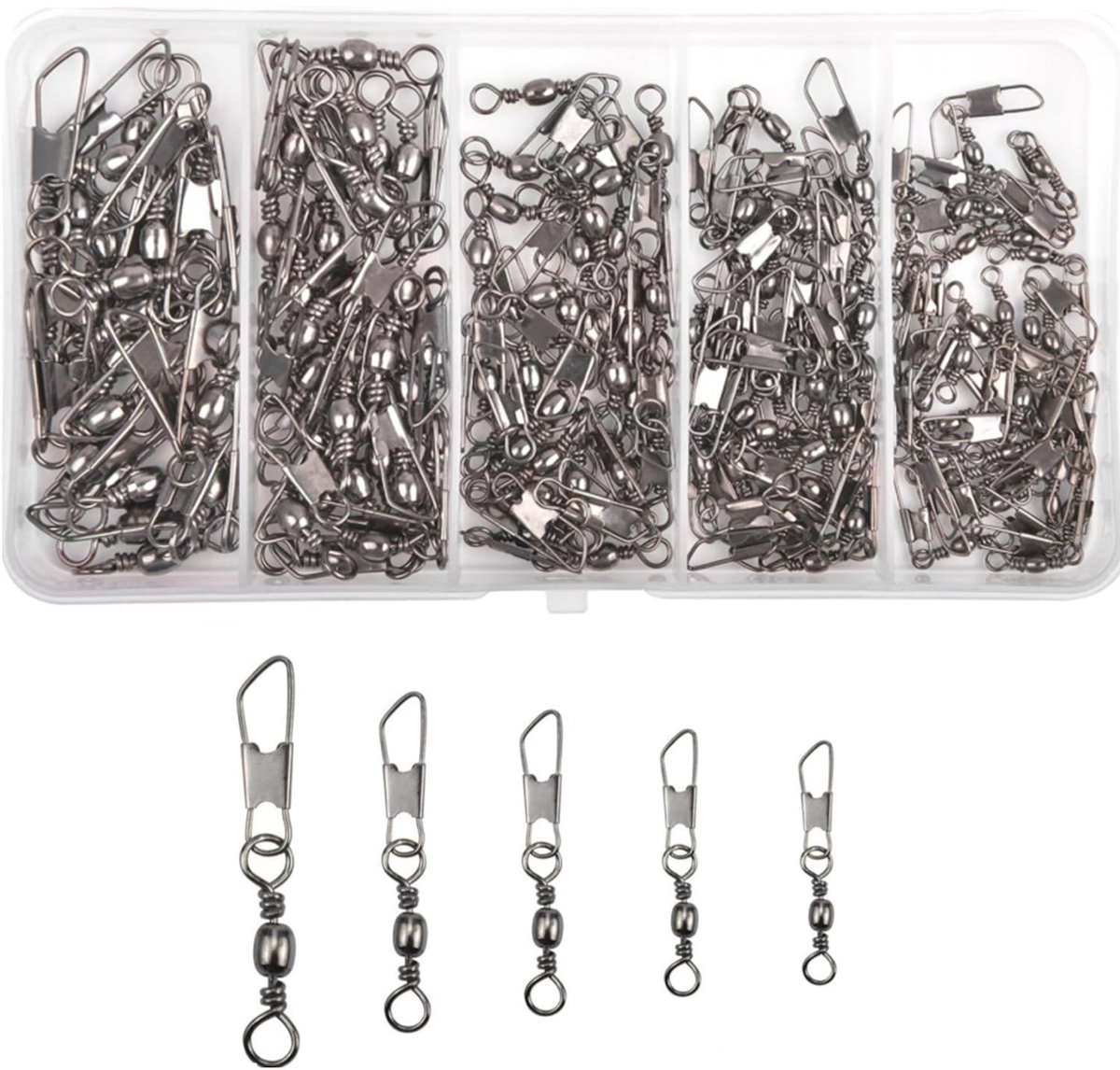 Rvs Vissersringen Set van 100 Stuks met Carabiner en Draaiingen voor Forelvissen - 5 Maten 6# 8# 10# 12# 14#