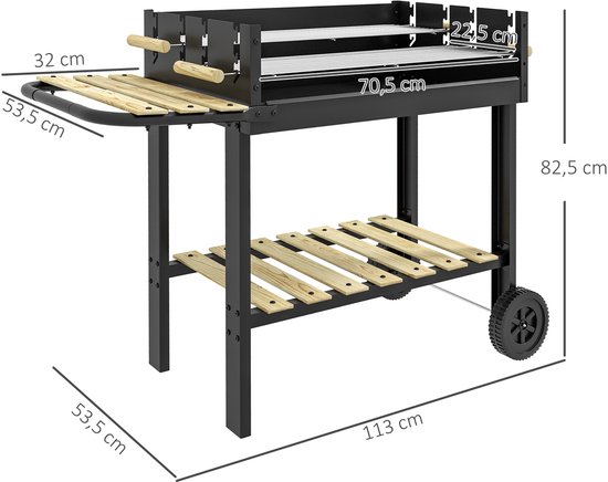 Bratislava houtskoolbarbecue, staal met grenenhouten afwerking, 143 x 68 x 90 cm, met 2 wielen, zijplank, in hoogte verstelbare roosters, zwart — afbeelding 2