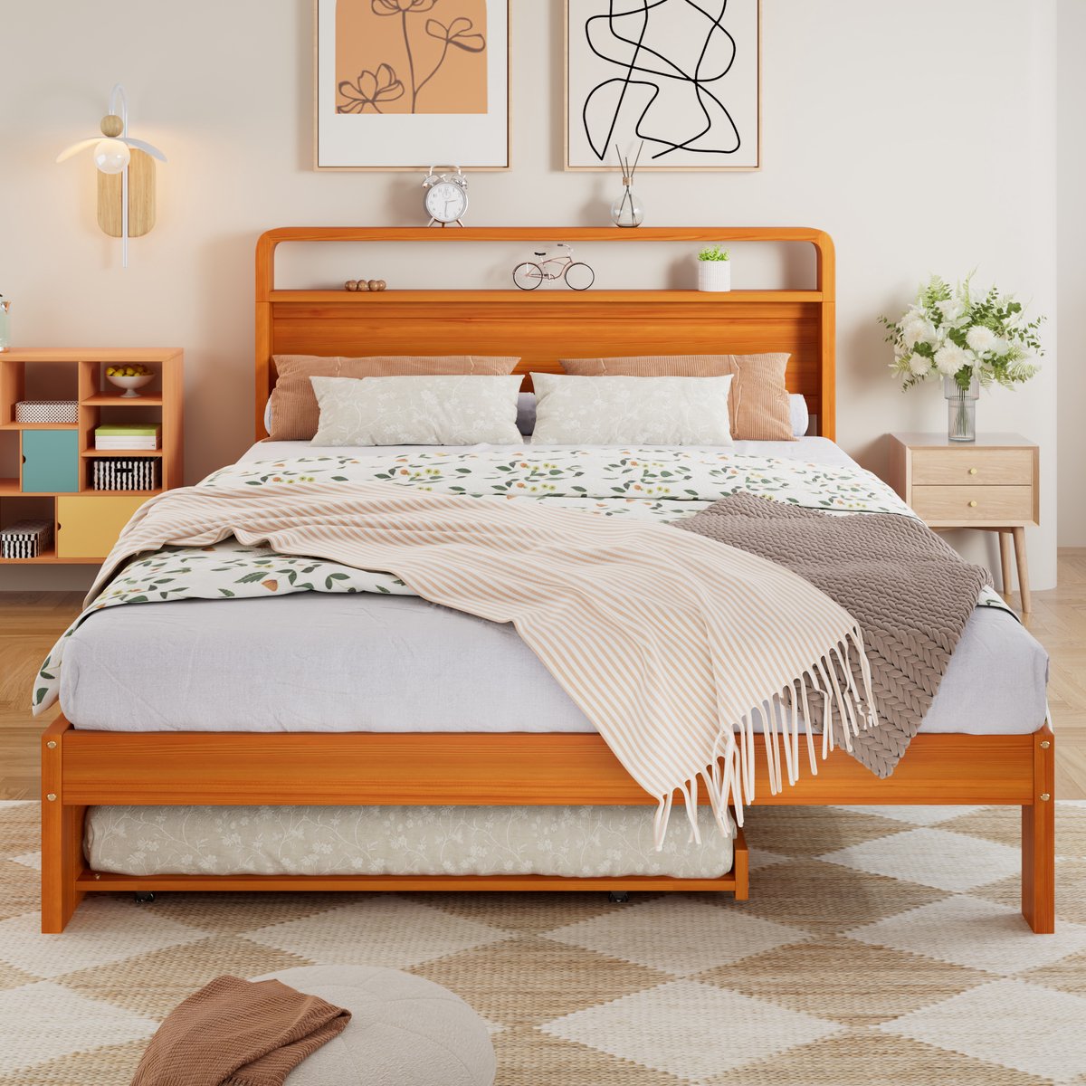 Houten bed 140x200 cm - met uittrekbaar bed 90x190 cm - gastbed kan links of rechts worden geplaatst - hoofdbord met afgeronde hoeken