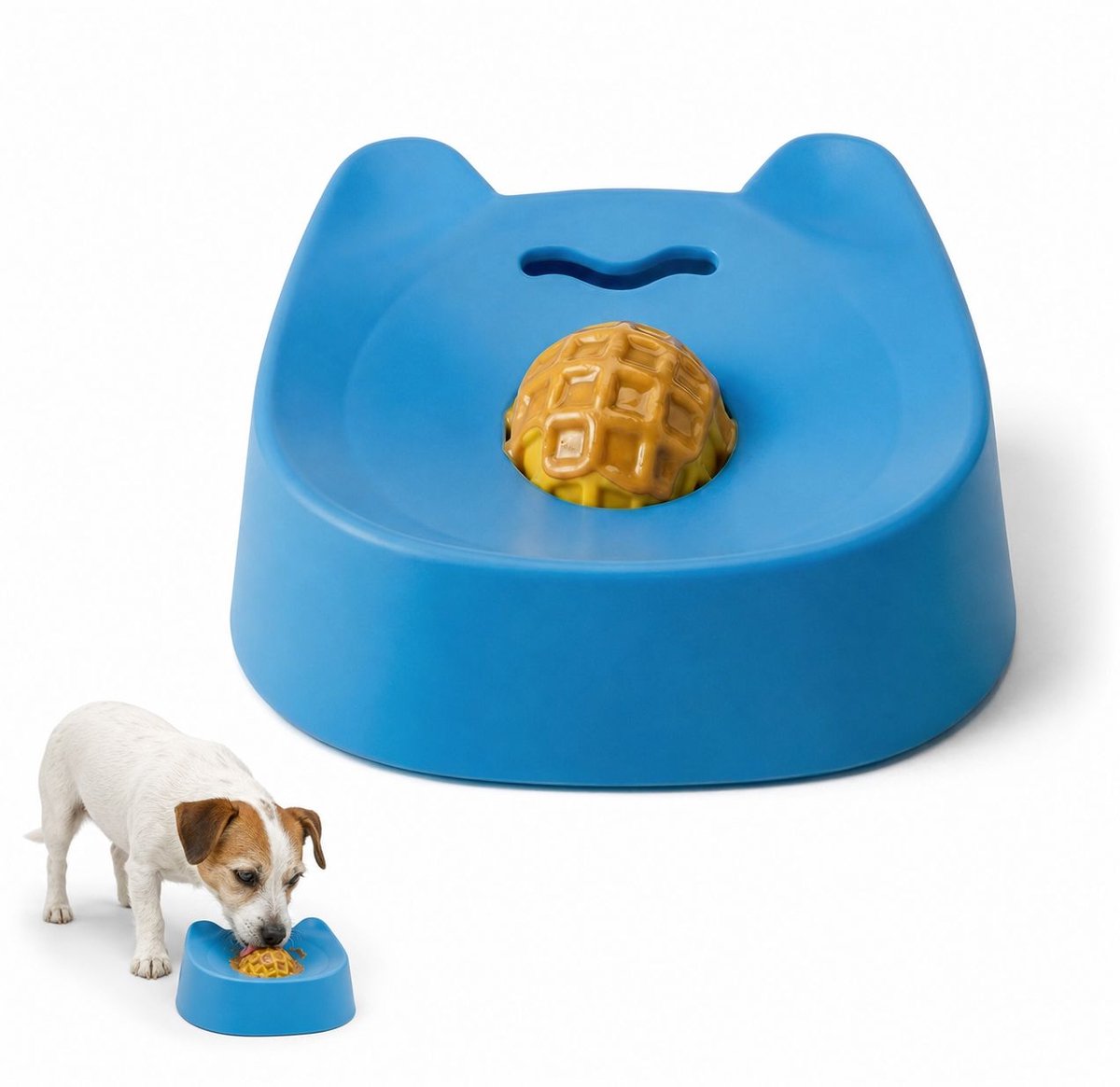 VHV - Likbak hond met rollende bal - Slowfeeder met 4 zuignappen voor vloeibare snacks - blauw