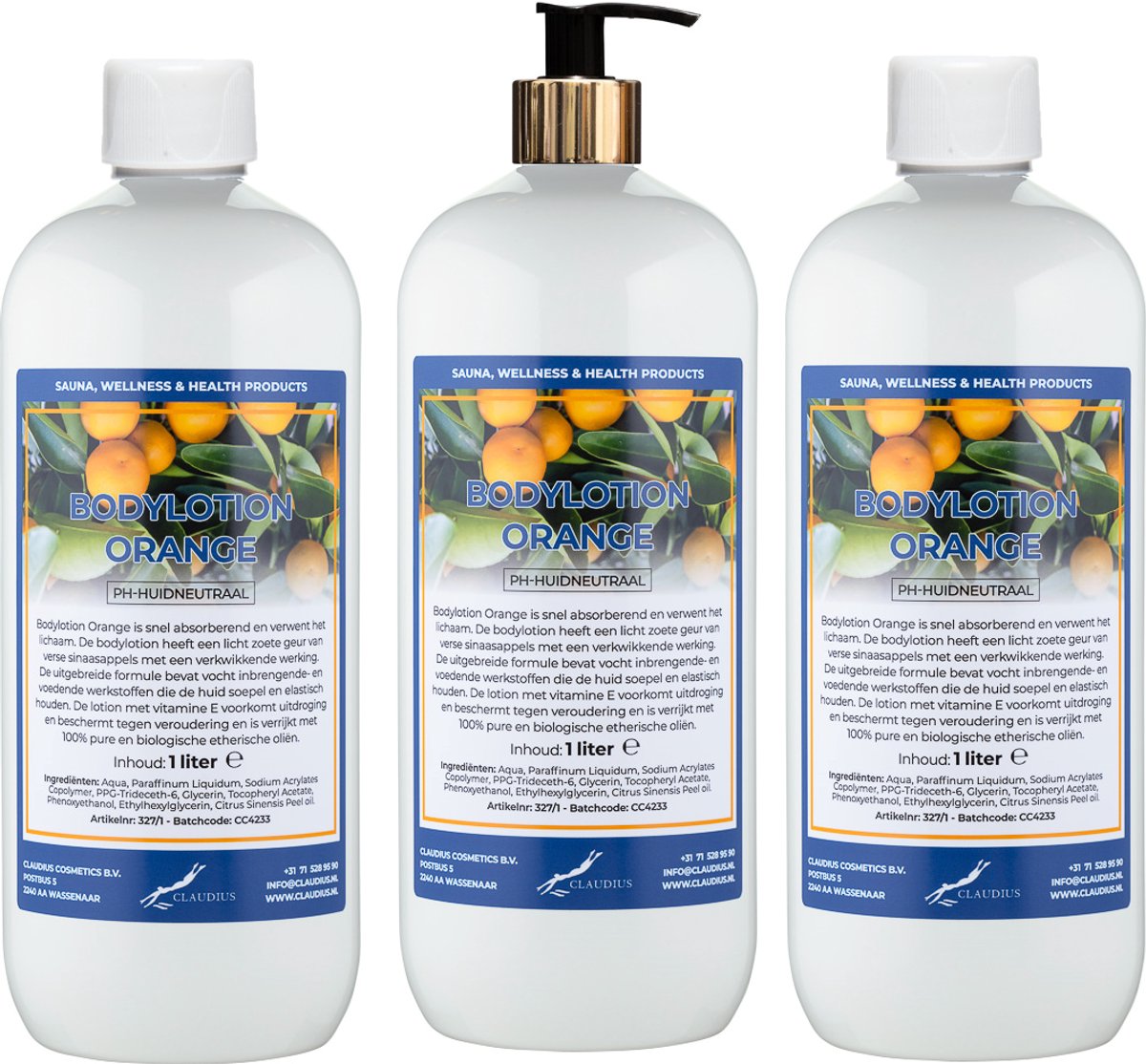 Bodylotion Orange 1 Liter - met gouden pomp - set van 3 stuks