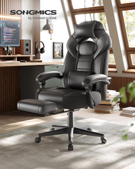 Ergonomische Gamingstoel - Verstelbare Bureaustoel met Uitschuifbare Voetensteun - Gaming PC Stoel met Verstelbare Hoofdsteun en Lendensteun - Comfortabele Racestoel voor Gaming, Kantoor en Thuiswerk - Maximale Belastbaarheid 150 kg - Zwart — afbeelding 3