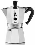 Bialetti Moka Express percolator van aluminium met zwarte handgreep en afbeelding van de 'Little Man'.