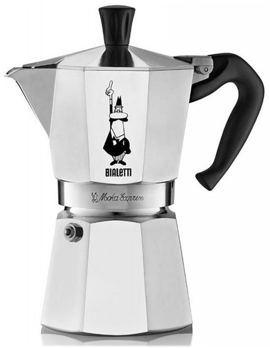 Bialetti Moka Express percolator van aluminium met zwarte handgreep en afbeelding van de 'Little Man'.