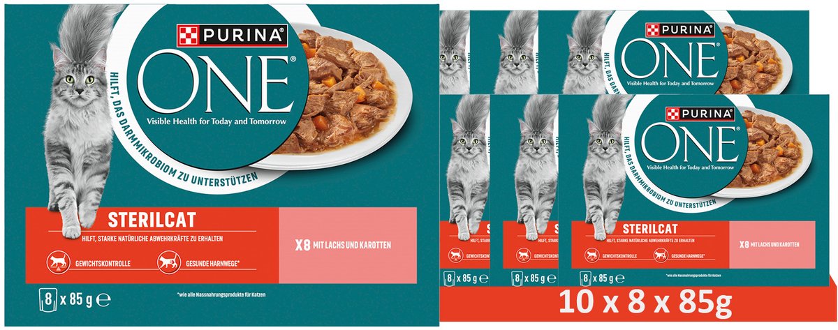 Purina One ONE STERILCAT 8-Pack Cat Food, Tender Chunks in Sauce with Salmon and Carrots (10 x 8 x 85g)