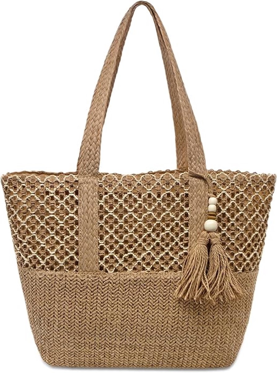 Stro strandtas voor dames, opvouwbaar, grote geweven strotas, tas, schoudertas met ritssluiting, zomervakantie